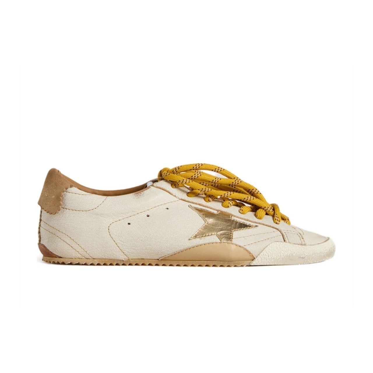 Golden Goose True-Star in white nappa leather with gold foiled leather star and beige suede heel tab