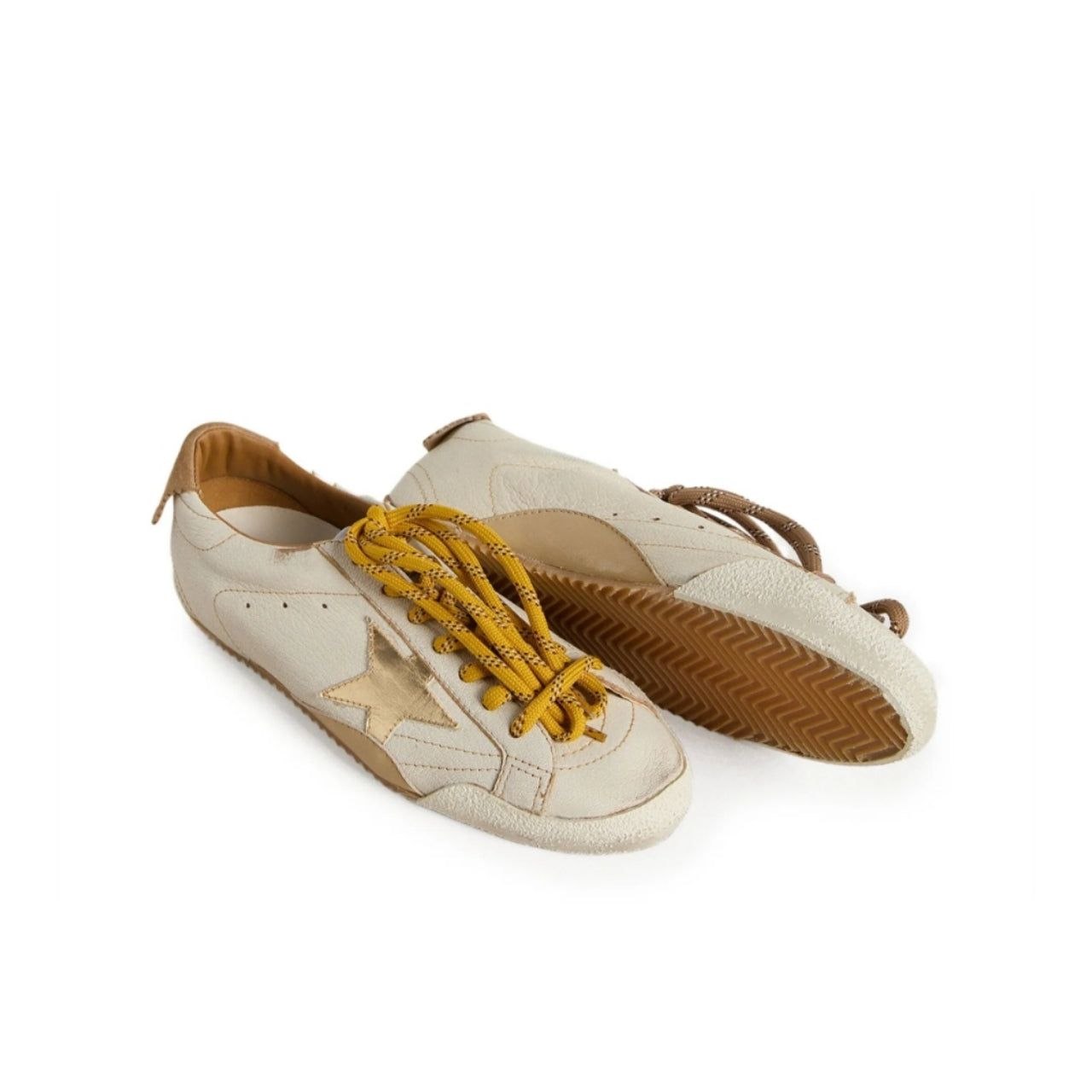 Golden Goose True-Star in white nappa leather with gold foiled leather star and beige suede heel tab