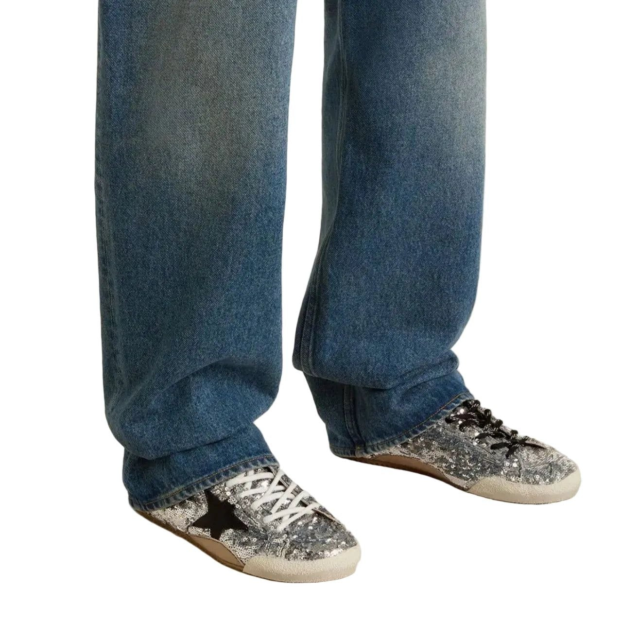Golden Goose  True-Star in silver sequins with black star and silver leather heel tab