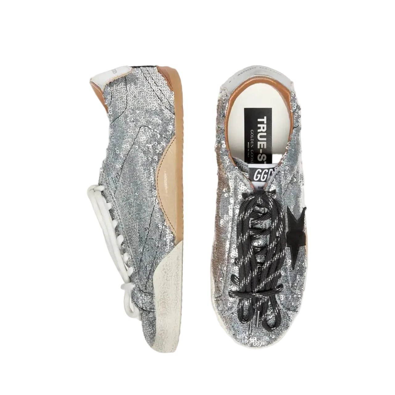 Golden Goose  True-Star in silver sequins with black star and silver leather heel tab