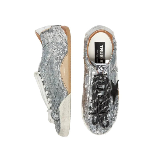 Golden Goose  True-Star in silver sequins with black star and silver leather heel tab