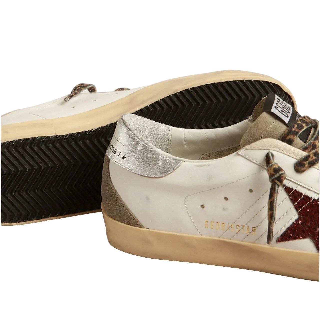 Golden Goose super-star with burgundy glitter star and silver heel tap